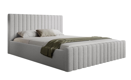 Szare łóżko boucle biale tło