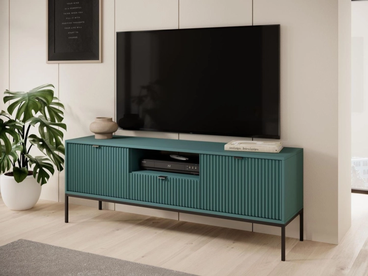 Ryflowana elegancka szafka pod telewizor zielona FLORS