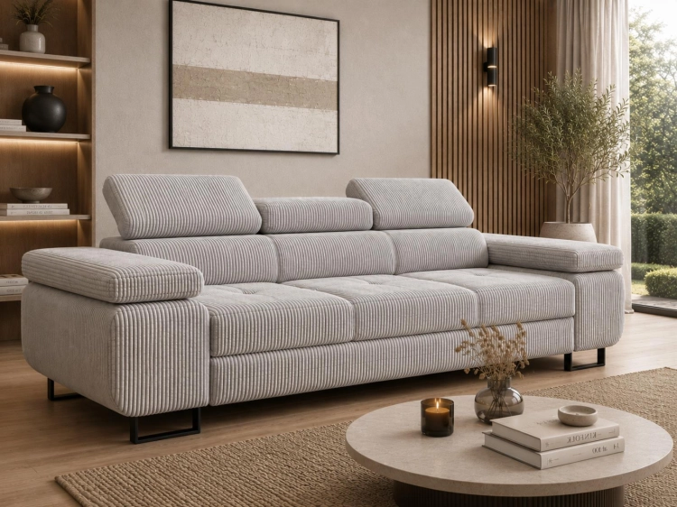 Szara sofa do salonu tapicerowana tkaniną sztruks TOSCANO
