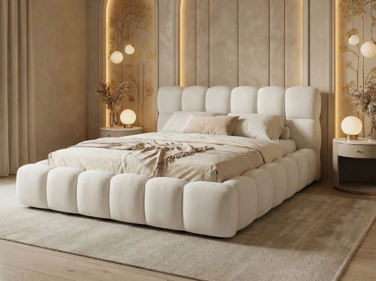 Eleganckie białe łóżko tapicerowane BUBBLE III SLIM