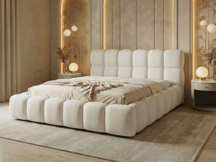 Eleganckie białe łóżko tapicerowane BUBBLE III SLIM