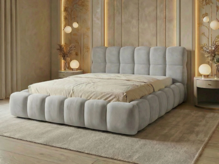 Eleganckie szare łóżko z wysokim zagłówkiem BUBBLE III SLIM