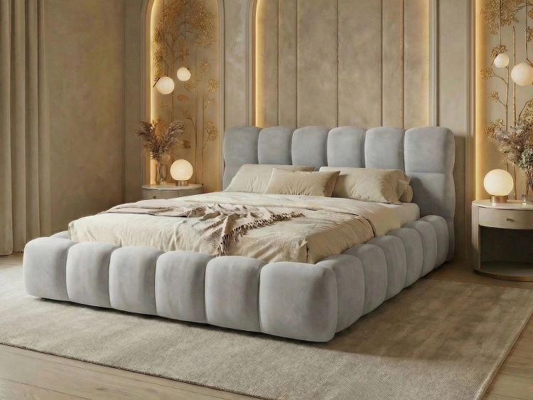 Eleganckie szare łóżko z wysokim zagłówkiem BUBBLE III SLIM