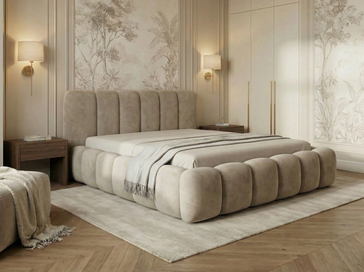Beżowe designerskie łóżko do sypialni velvet HERME SLIM