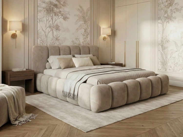 Beżowe designerskie łóżko do sypialni velvet HERME SLIM