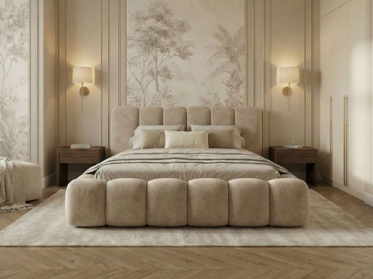 Beżowe designerskie łóżko do sypialni velvet HERME SLIM