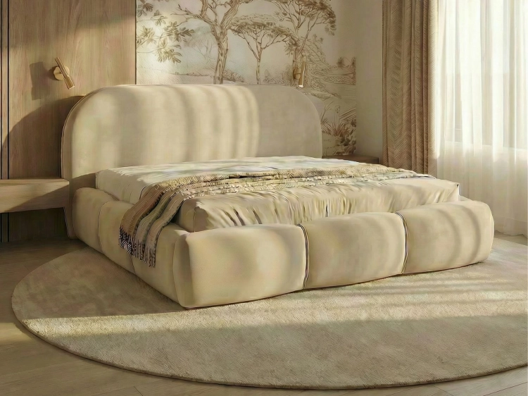 Miękkie łóżko tapicerowane do sypialni velvet beż ALTO