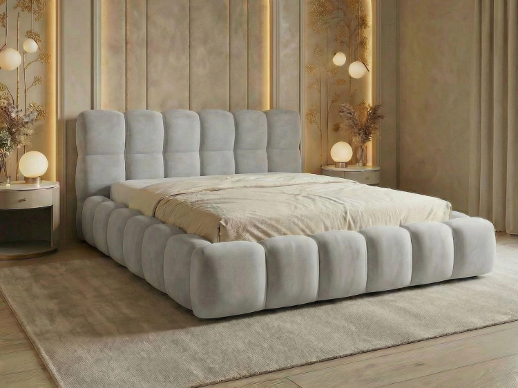 Eleganckie szare łóżko z wysokim zagłówkiem BUBBLE III SLIM