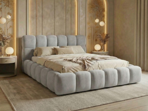 Eleganckie szare łóżko z wysokim zagłówkiem BUBBLE III SLIM