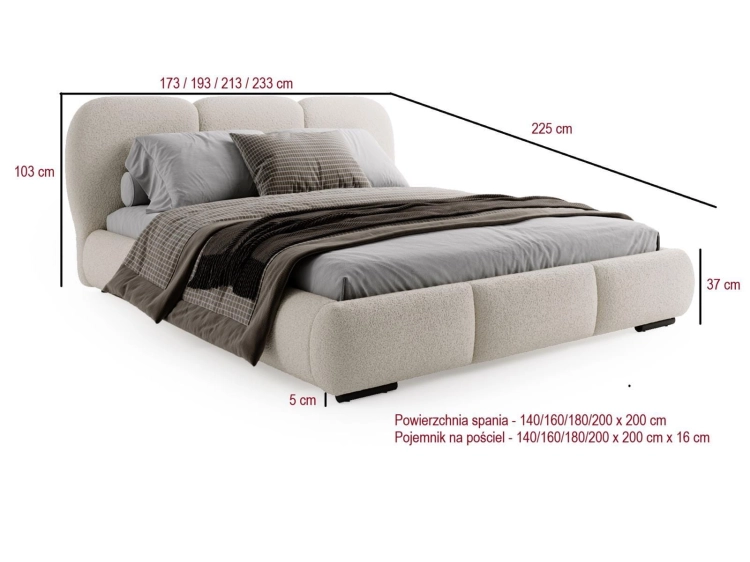 Czarne łóżko tapicerowane w stylu loft boucle COSE