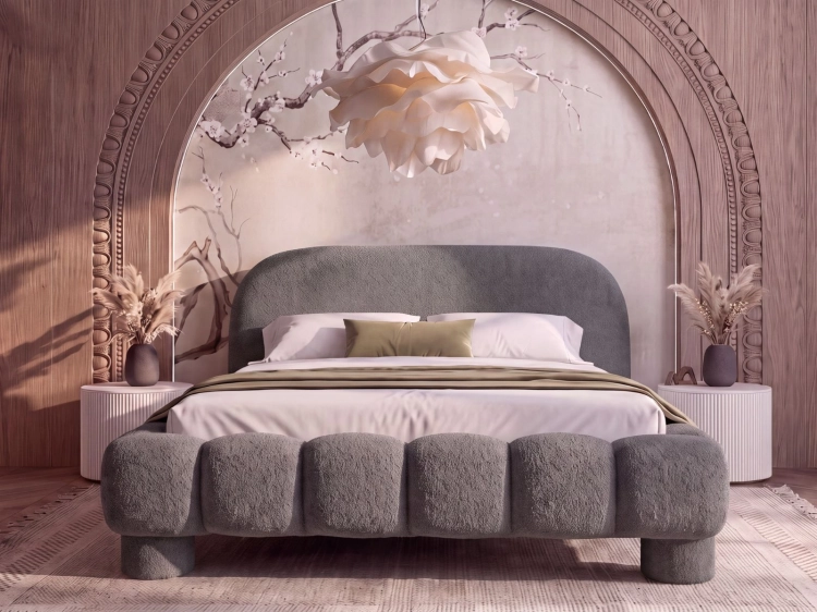 Designerskie łóżko tapicerowane tkaniną baranek DANTE GRAFIT