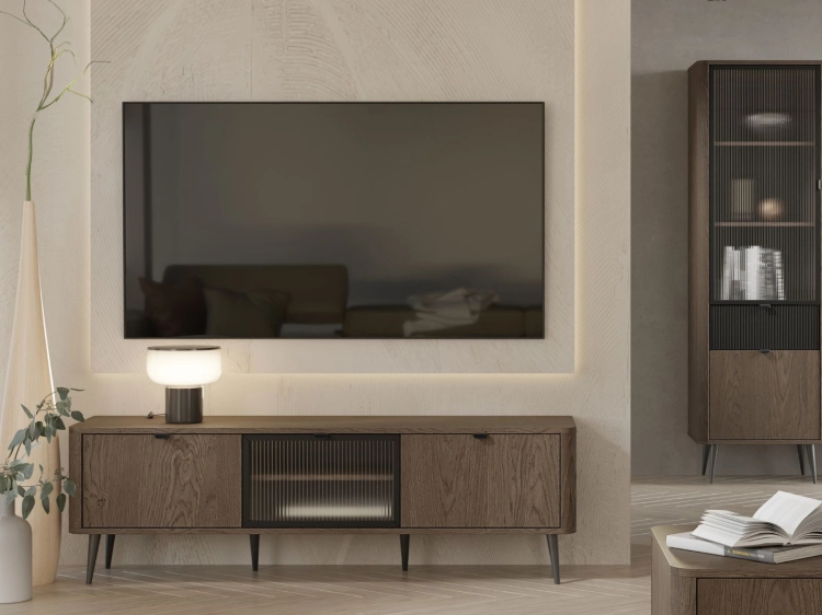 Designerski stolik pod telewizor z ryflowaniem orzech BARI