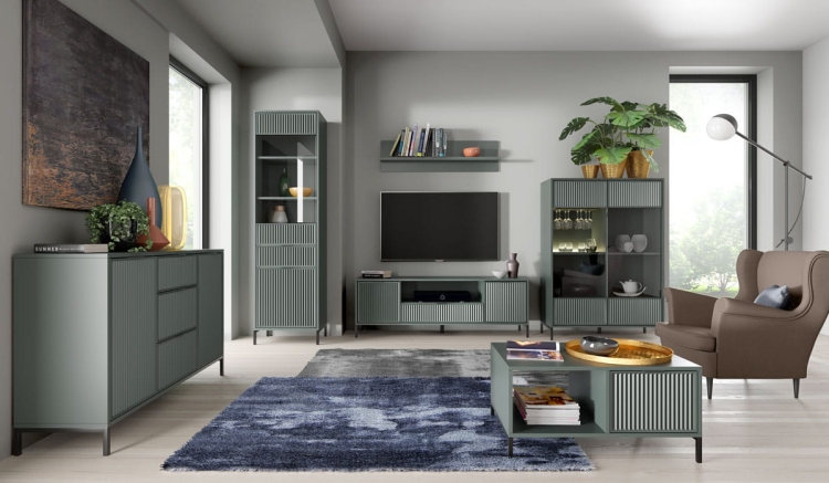 Ryflowana komoda do salonu z szufladami VIVAS ZIELONY