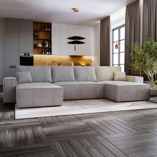 Szary narożnik do salonu z funkcją spania MALO SZTRUKS