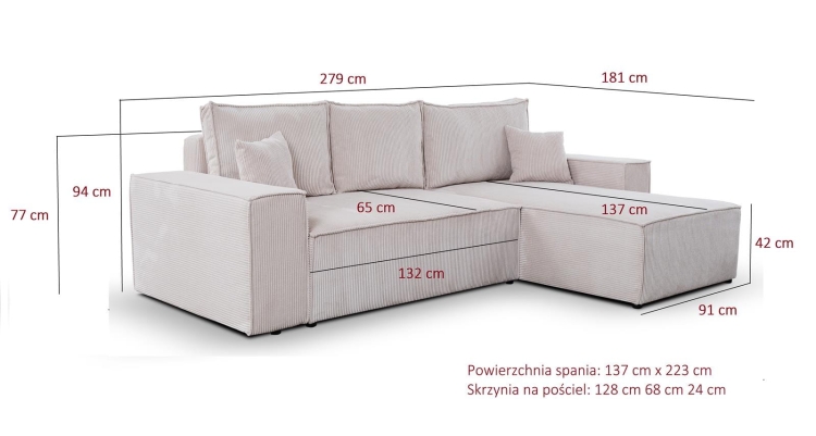 Narożnik w wersji L różowy sztruks MALO