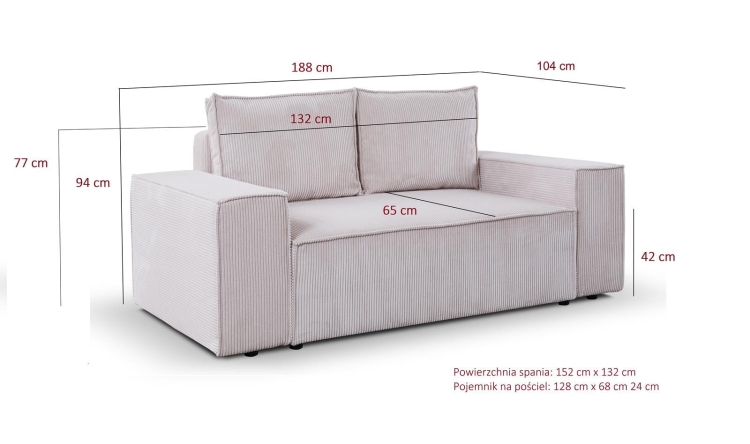 Sofa do salonu rozkładana mini 188 cm MALO RÓŻ