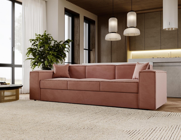 Różowa sofa do salonu velvet SANTO rozkładana
