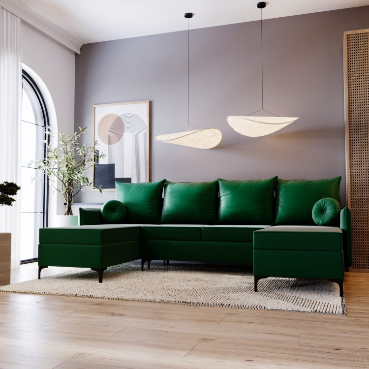 Wygodny narożnik do salonu rozkładany ZIELONU LEO