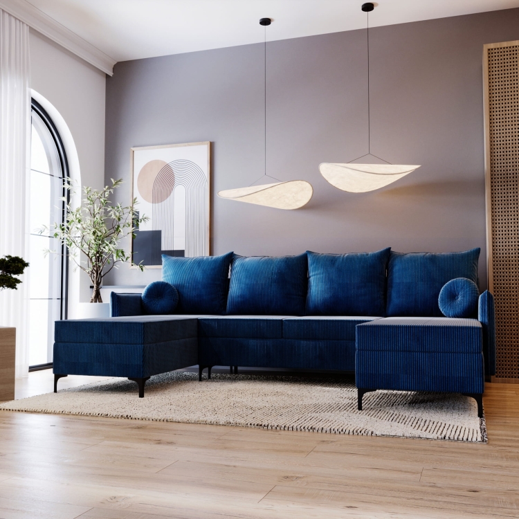 Narożnik U na wysokich nogach LEO NIEBIESKI SZTRUKS