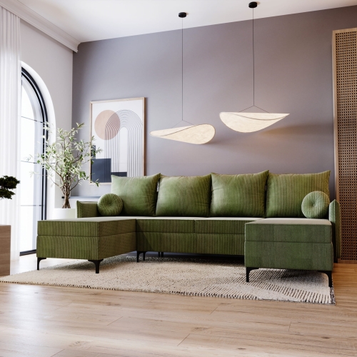 Narożnik zielony do salonu U na wysokich nóżkach LEO