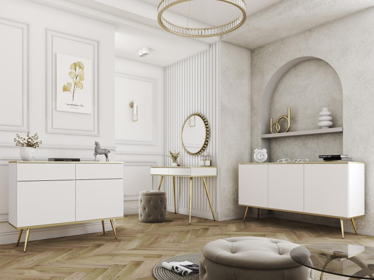 Komoda biała glamour na złotych nóżkach POLO