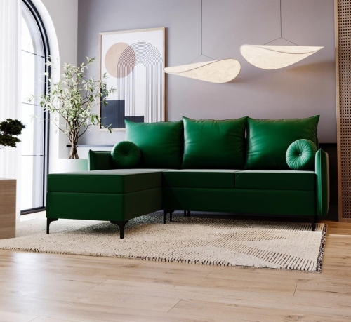 Welurowa sofa narożna rozkładana na wysokich nogach LEO