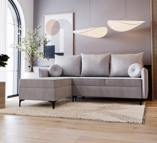 Narożnik sztruksowy z funkcją spania do salonu LEO SZARY