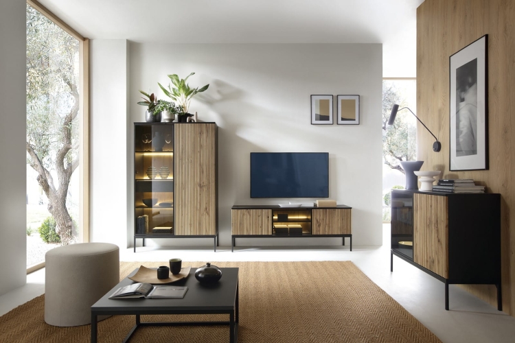 Komoda z trzema szufladami w stylu loft z LED LINO DĄB WOTAN