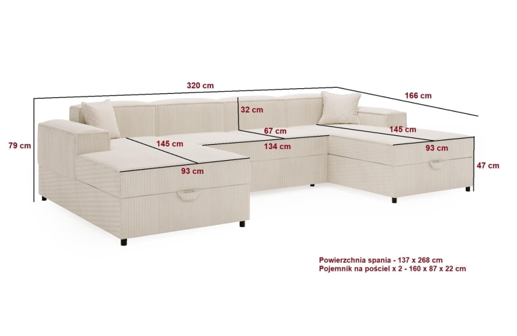 Szary narożnik sztruksowy U do salonu SANTO