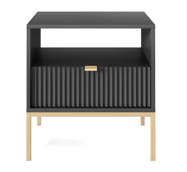Elegancka czarna szafka nocna na złotej podstawie NANCY