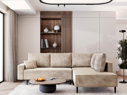 Wygodny beżowy narożnik do salonu na wysokich nóżkach BLAIR