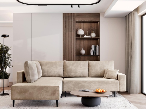 Wygodny beżowy narożnik do salonu na wysokich nóżkach BLAIR