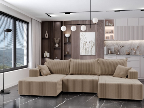 Duży beżowy narożnik z funkcją spania GRUBY SZTRUKS LILIA