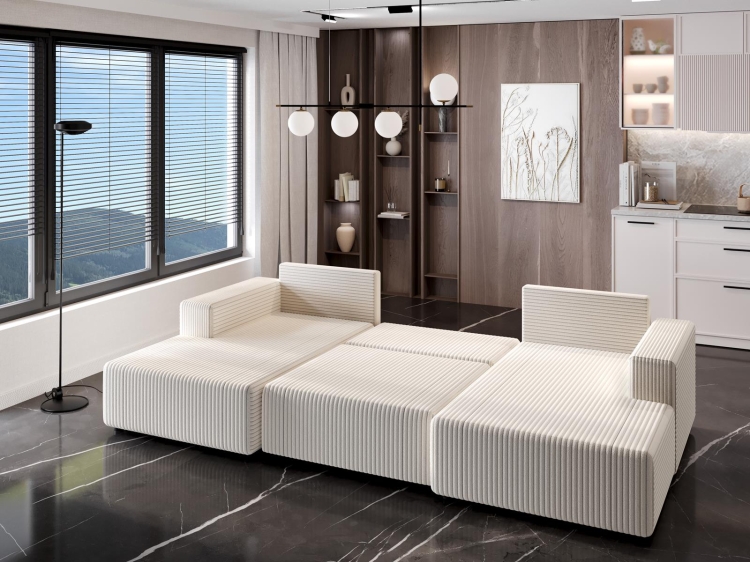 Duży beżowy narożnik z funkcją spania GRUBY SZTRUKS LILIA