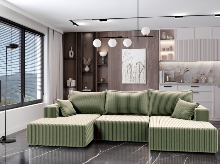 Oliwkowy narożnik sztruksowy w kształcie litery U LILIA