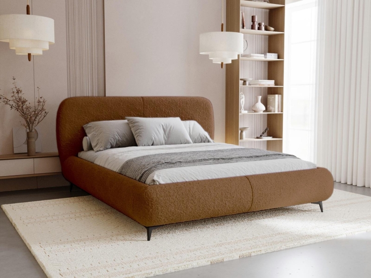 Miedziane łóżko sypialniane tapicerowane tkaniną boucle MIA