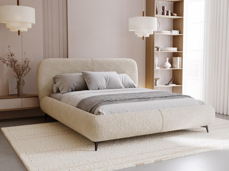 Łóżko tapicerowane boucle z pojemnikiem beżowe MIA (