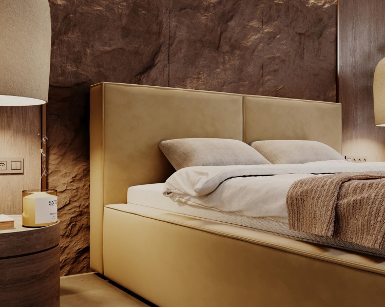 Beżowe eleganckie łóżko sypialniane 140x200 POLS