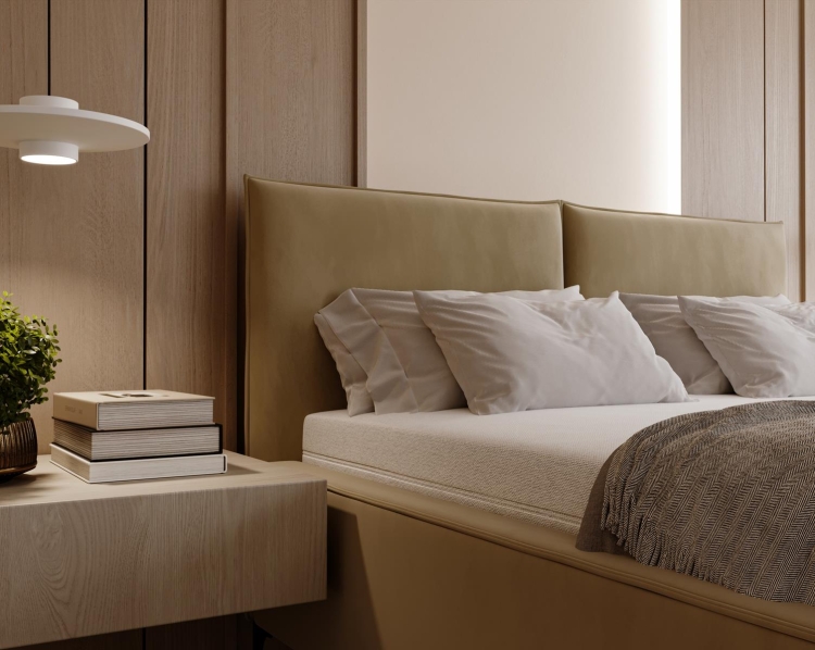 Kremowe łózko do sypialni sztruks LUNA WYSOKIE NOGI