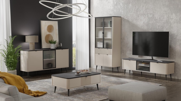 Komoda trzydrzwiowa z ryflowanym frontem KASZMIR/SZARY KAMIEŃ BARI