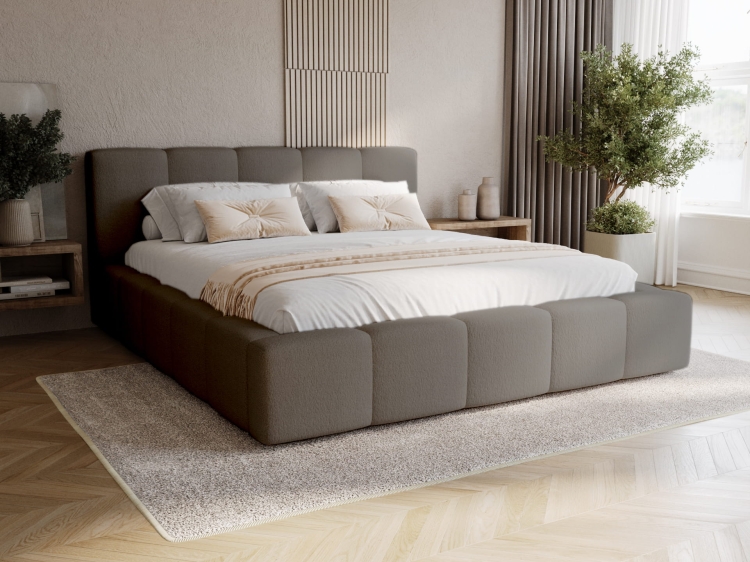 VGrafitowe łóżko tapicerowane do sypialni z pojemnikiem i stelażem NOVS