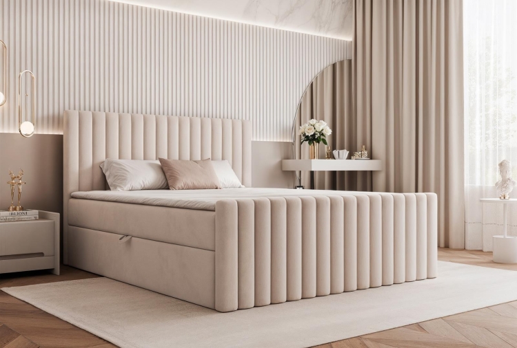 Luksusowe łóżko do sypialni kontynentalne z pojemnikami FLORE (
