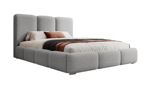 Szare łóżko tapicerowane tkaniną typu boucle MERIDA