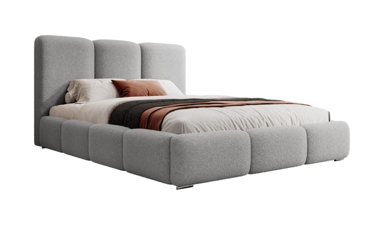 Szare łóżko tapicerowane tkaniną typu boucle MERIDA