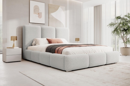 Szare łóżko tapicerowane tkaniną typu boucle MERIDA