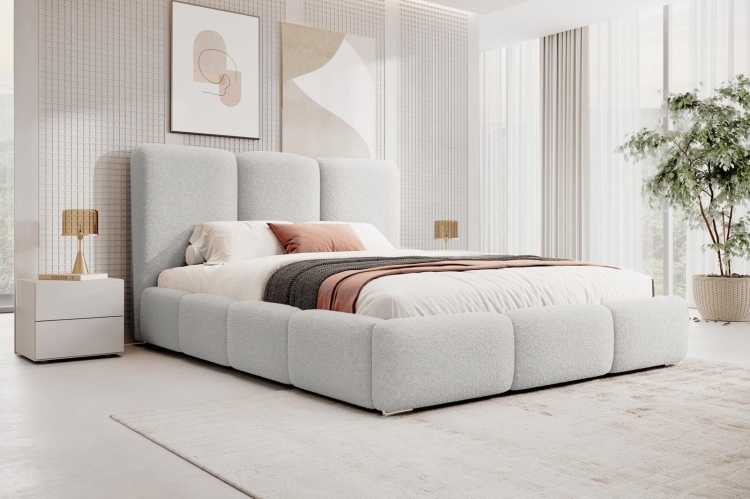 Szare łóżko tapicerowane tkaniną typu boucle MERIDA