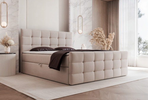 Beżowe łóżko z pojemnikami na pościel kontynentalne FABIA