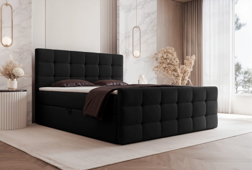 Łóżko kontynentalne czarne z pojemnikami i topperem FABIA