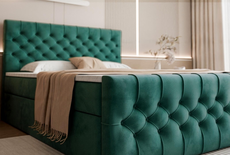 Łóżko z pikowanym zagłówkiem MIAMI ZIELONE Z TOPPEREM