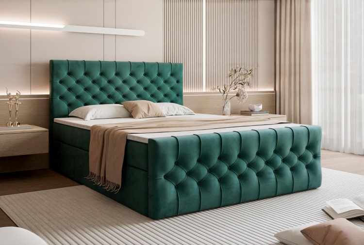 Łóżko z pikowanym zagłówkiem MIAMI ZIELONE Z TOPPEREM